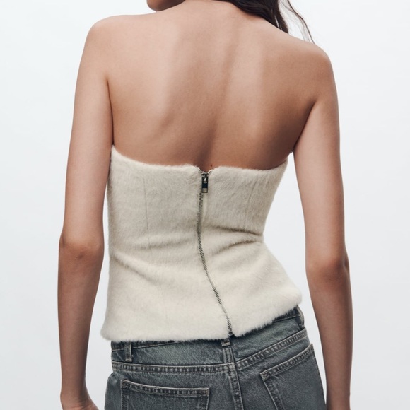 Zara NWT structured fuzzy / furry strapless tube top zipper back - Off white - Picture 3 of 8